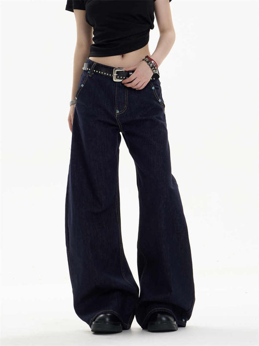 Pantalones Jeans Azul Oscuro Retro Corte Recto Ancho Casual - Image 4