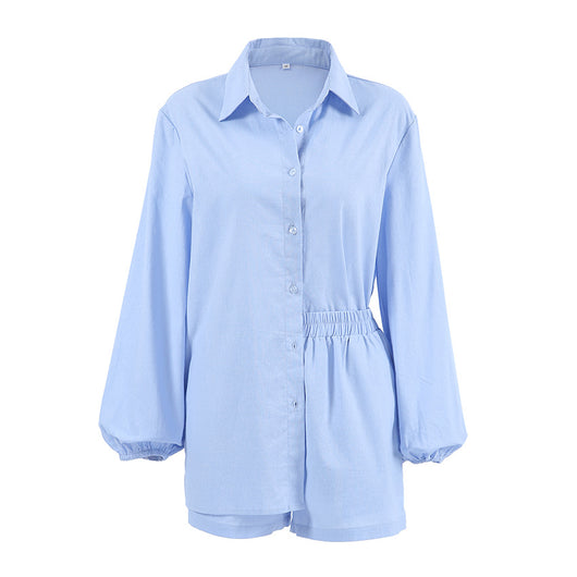 Conjunto Dos Piezas: Camisa Azul de Algodón Manga Larga y Shorts - Image 6