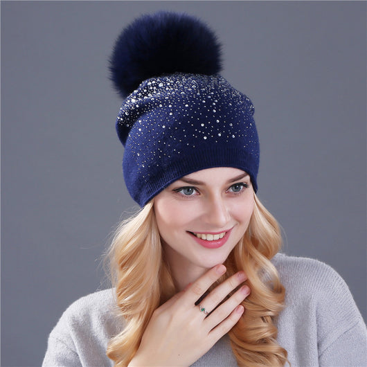 Gorro de Cachemira con Pompón de Pelaje de Zorro para Mujer - Image 9