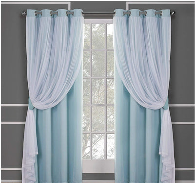 Dark blue double layer shading curtains with white sheer lace overlays, hung on a silver grommet rod. - Image 4