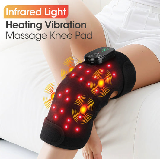 Black knee brace with red infrared lights and a digital control panel, providing heating and vibration massage therapy. - Image 6