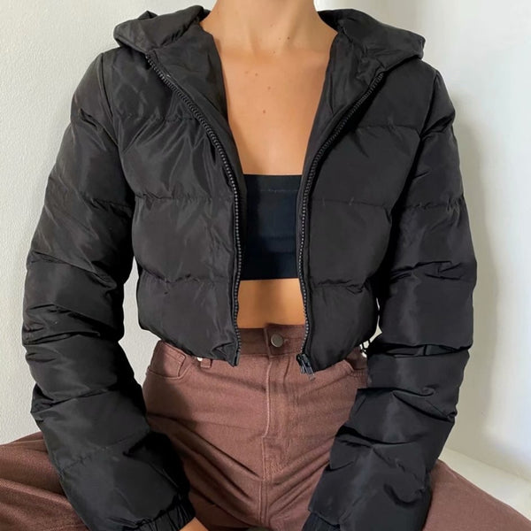 Chaqueta Puffer Corta Multicolor de Algodón con Capucha para Mujer