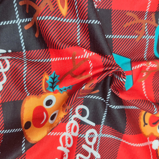 Family matching red Christmas pajamas with a cartoon reindeer and "Merry Christmas" text on a plaid background. - Image 8