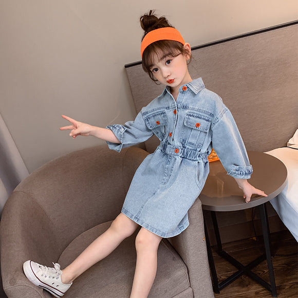 Vestido Denim Estilo Coreano con Detalles Militares para Niña