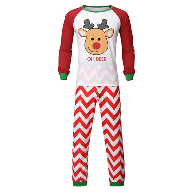Red and white parent-child pajama set with a reindeer graphic top and chevron stripe pants, green cuffs. - Image 6
