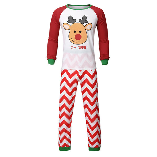 Red and white parent-child pajama set with a reindeer graphic top and chevron stripe pants, green cuffs. - Image 6