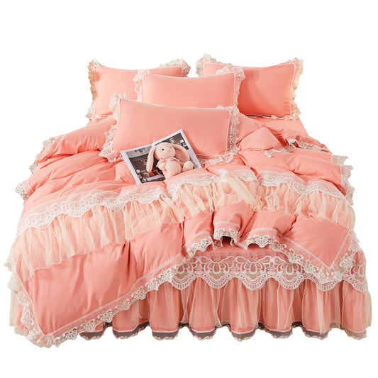 Juego de Cama Princesa Coreana con Falda de Encaje y Edredón de 4 Piezas