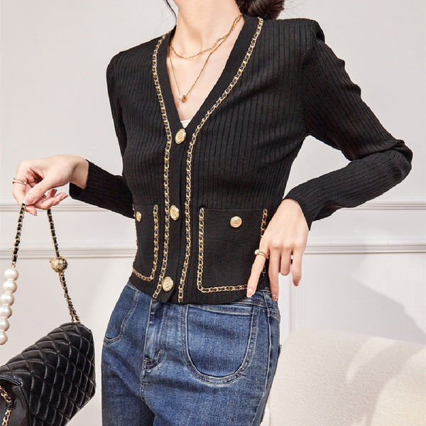 Cardigan Corto de Punto Negro Lujo Francés