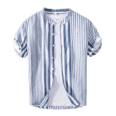 Camisa Casual de Lino Manga Corta a Rayas para Hombre Transpirable - Image 5