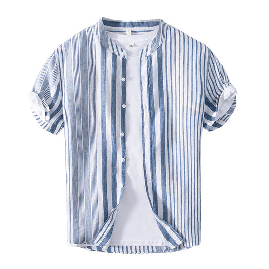 Camisa Casual de Lino Manga Corta a Rayas para Hombre Transpirable - Image 5