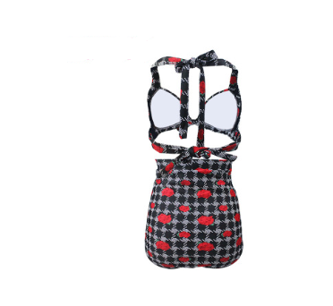 Rose bikini with a black, white, and red houndstooth pattern. Features a halter top and ruched high-waisted bottoms. - Image 5