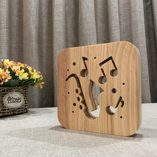Lámpara 3D LED Notas Musicales - Guitarra, Saxofón y Violín con Grabado en Madera - Image 3