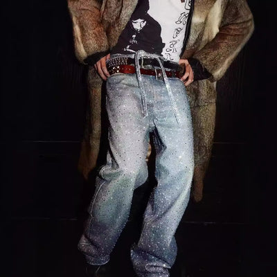 Jeans Holgados Estampado Diamante Efecto Vintage Apilados
