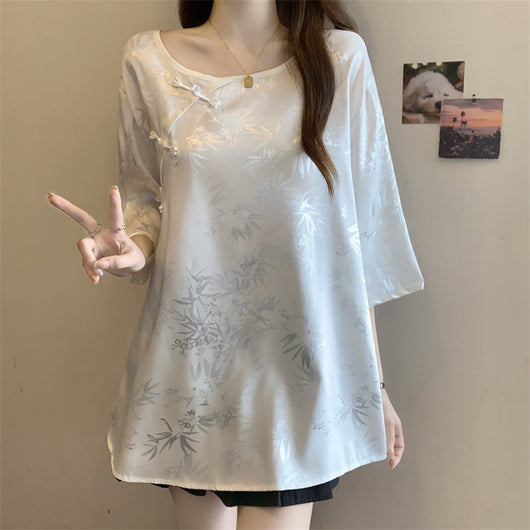 Blusa Vintage con Jacquard y Botones Estilo Chino - Image 8