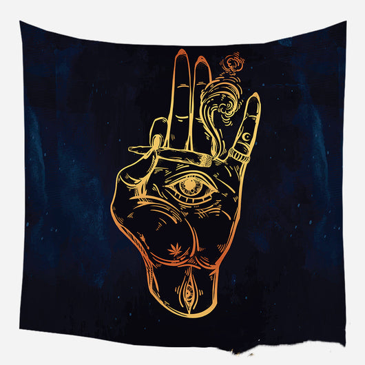 Golden crescent moon and woman silhouette tapestry with a floral crown against a dark blue starry background. - Image 15