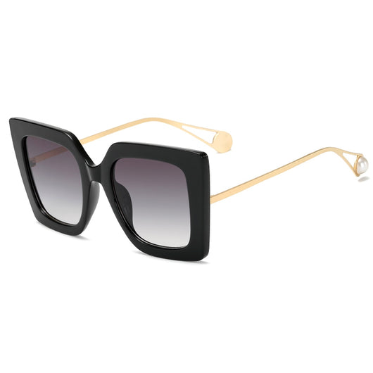 Women's black square frame sunglasses with blue gradient lenses and gold metal temples featuring a pearl accent. - Image 15