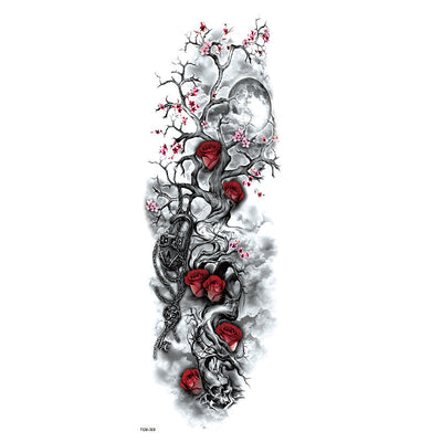 Full arm temporary tattoo sticker with a black, red, and light blue tribal design, featuring abstract shapes and patterns. - Image 11