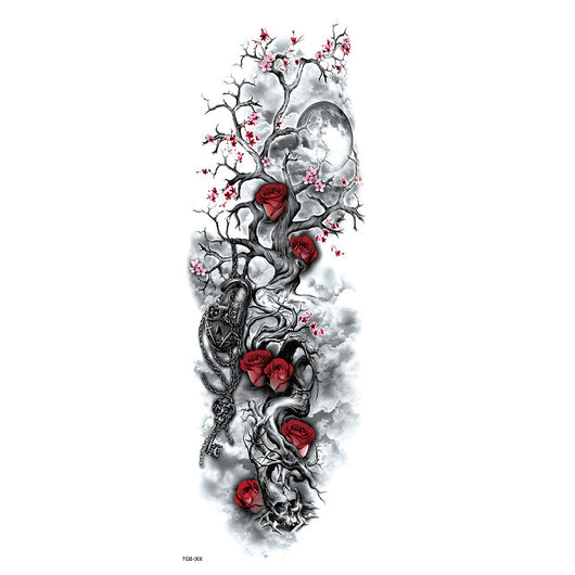Full arm temporary tattoo sticker with a black, red, and light blue tribal design, featuring abstract shapes and patterns. - Image 11