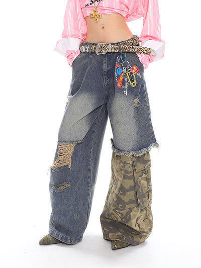 Pantalones Anchos Estilo Militar con Cadena Estampada y Efecto Dos Piezas - Image 6