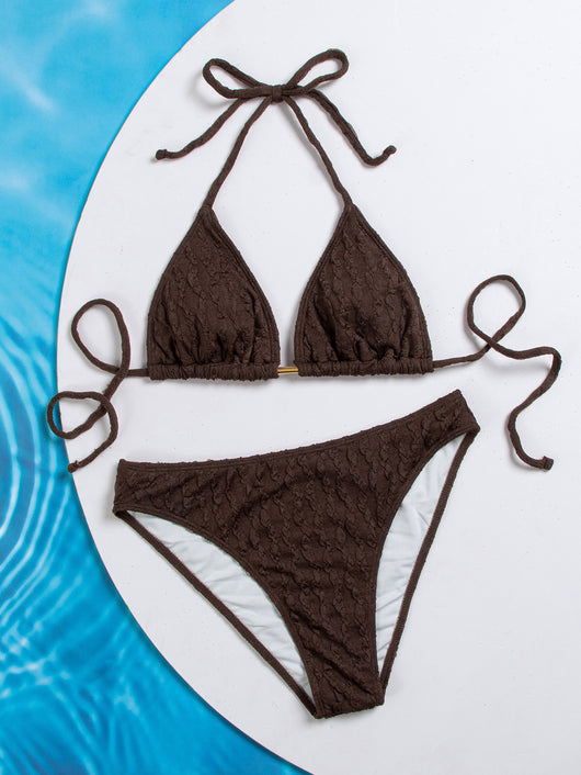 Dark brown textured bikini set with triangle bra top and tie-side bottoms, featuring a small gold metal accent. - Image 13