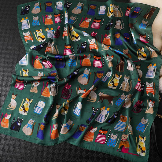 Pañuelo de Seda Estampado Gatos Cuadrado Grande Profesional para Mujer