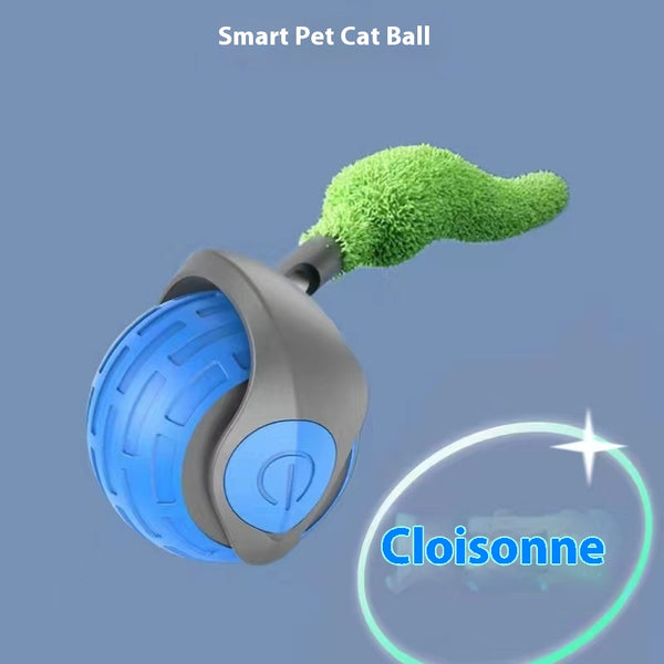 Blue and grey pet toy ball with a green textured tail for cats, shown on a blue background. - Image 6