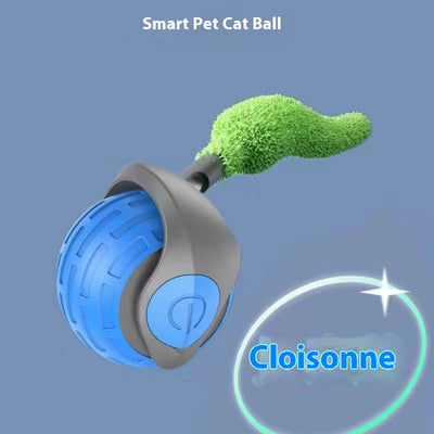 Blue and grey pet toy ball with a green textured tail for cats, shown on a blue background. - Image 6