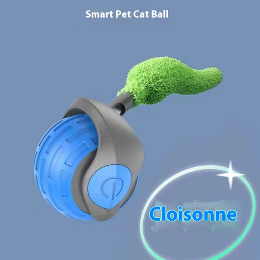 Blue and grey pet toy ball with a green textured tail for cats, shown on a blue background. - Image 6
