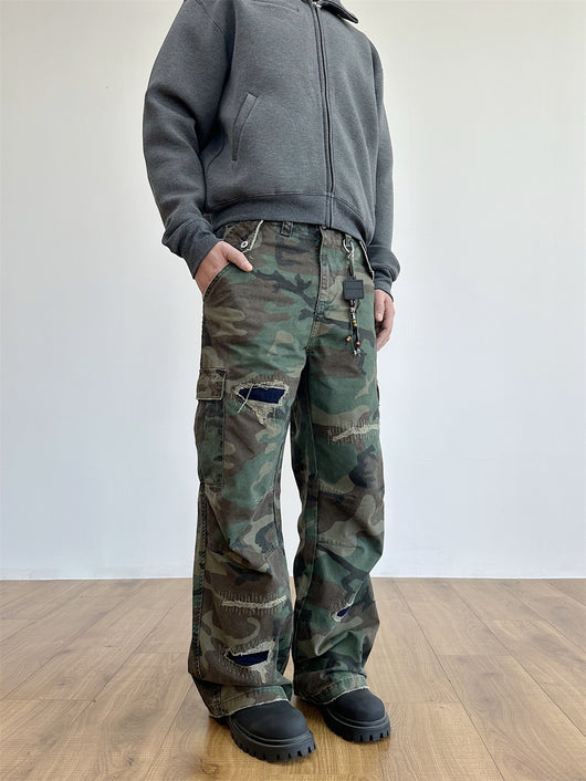 Pantalones Cargo Militares Desgastados con Bordados y Corte Recto Holgado - Image 10
