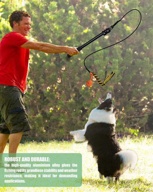 Telescopic dog teasing rod toy with black foam grip and multiple colorful rope attachments, including a carrying bag. - Image 9