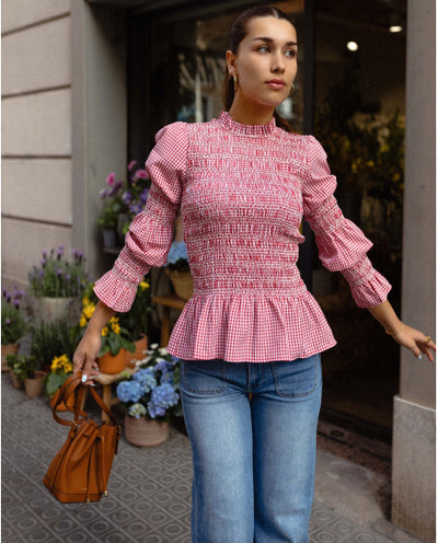 Blusa Ajustada con Pliegues y Estampado Cuadros para Mujer - Image 26