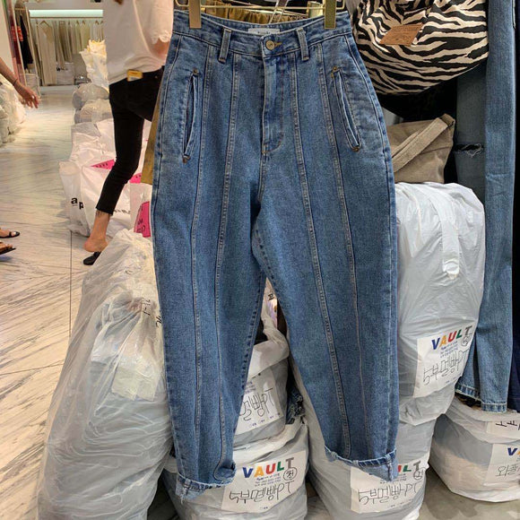 Pantalones Vaqueros Cintura Alta Corte Recto con Costura Retro