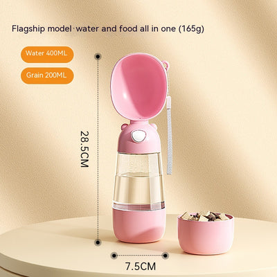 Yellow portable pet water bottle with clear reservoir, built-in drinking bowl, and wrist strap, 28cm tall. - Image 11