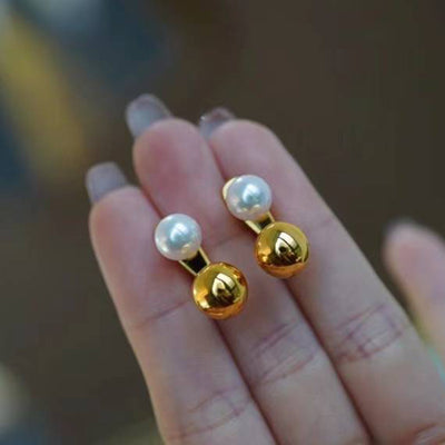 Aretes de Oro con Perla y Bolita Dorada - Image 6