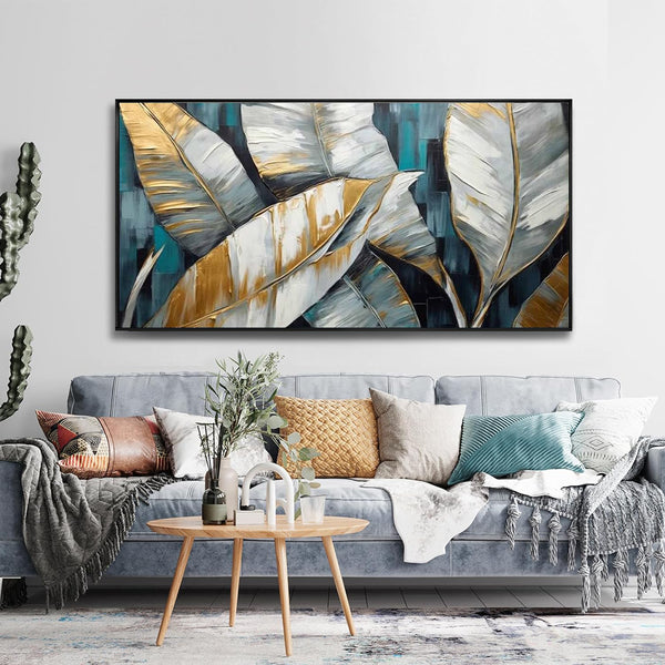 Cuadro Abstracto Hojas de Plátano Dorado Verde - Arte Moderno en Lienzo para Sala y Dormitorio