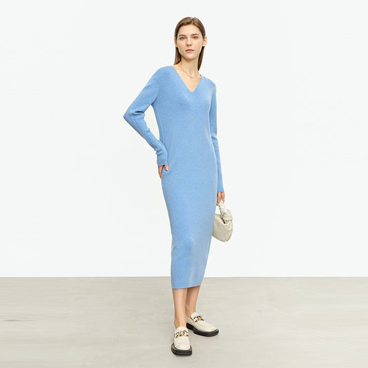 Vestido Midi Tejido V-neck Slim Fit Cálido y Versátil para Mujer
