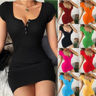 Vestido Corto con Botones de Corte Cadera - Estilo Europeo y Americano