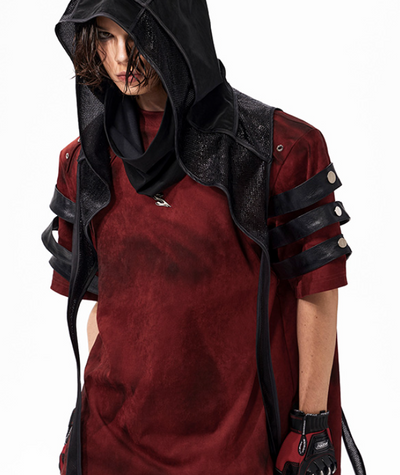 Camiseta Roja Patchwork de Cuero Oscuro Teñida a Mano - Image 11