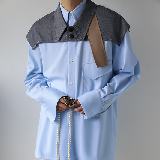 Camisa de Trabajo Azul Claro con Contraste de Dos Capas para Hombre