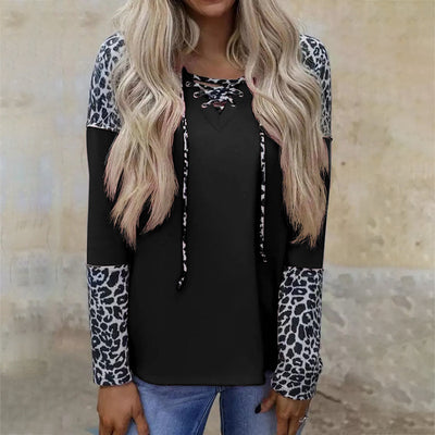 Blusa Suelta de Leopardo con Mangas Largas y Costuras Combinadas - Image 9