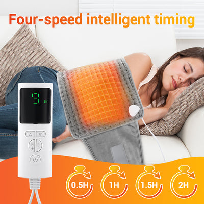Gray quilted waist heating belt with an adjustable strap, wired remote control, and power plug, shown with its box. - Image 18