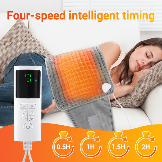 Gray quilted waist heating belt with an adjustable strap, wired remote control, and power plug, shown with its box. - Image 18