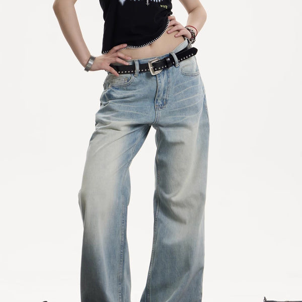 Jeans Vintage Desgastado Suelto con Efecto Whiskers para Mujer