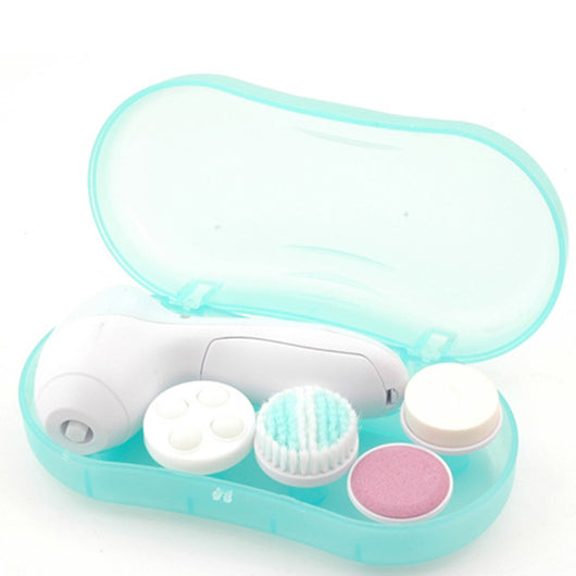 White electric facial cleanser with multiple brush and sponge attachments in an open translucent teal carrying case. - Image 10