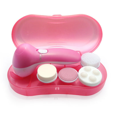 White electric facial cleanser with multiple brush and sponge attachments in an open translucent teal carrying case. - Image 8