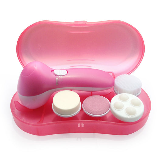 White electric facial cleanser with multiple brush and sponge attachments in an open translucent teal carrying case. - Image 8