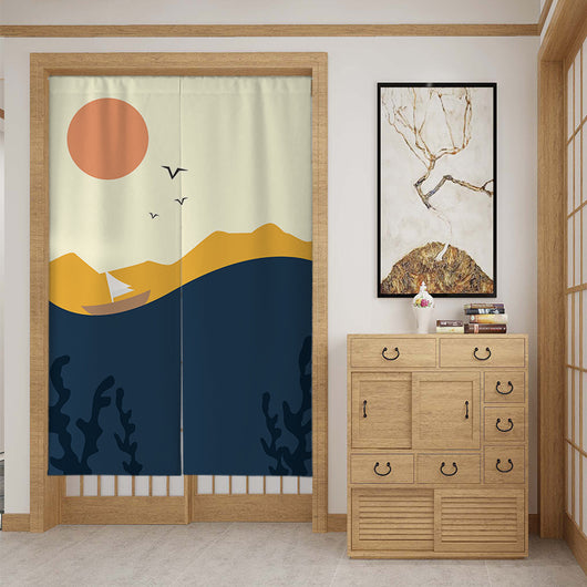 Modern fabric door curtain with abstract green mountains, a dancer silhouette, and a mustard yellow lower section. - Image 11