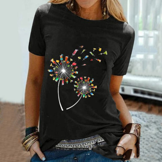 Camiseta Mujer Cuello Redondo Manga Corta Estampado Diente de León Vino - Image 13