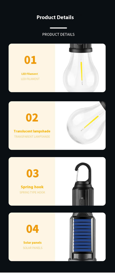 Lámpara Solar de Camping con Gancho y Carga USB - Luz Tungsteno Portátil - Image 11