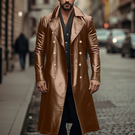 Abrigo Trench Doble Botonadura de Cuero para Hombre - Image 19